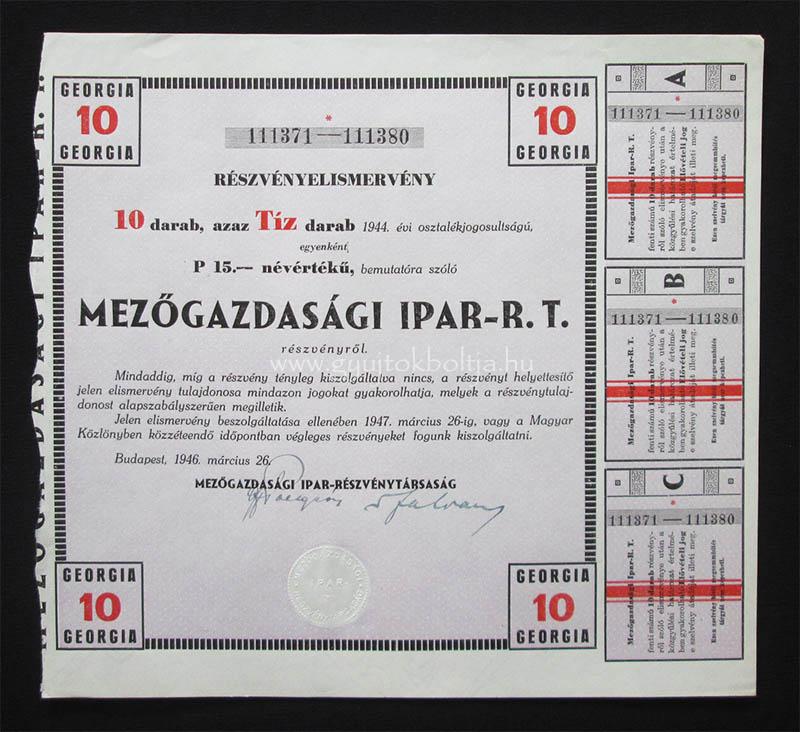 Mezőgazdasági Ipar Rt. részvényelismervény 10x15 pengő 1946